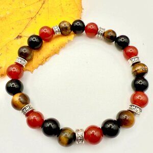 Protection and Balance Bracelet Carnelian Tiger Eye and Black Onyx Beaded